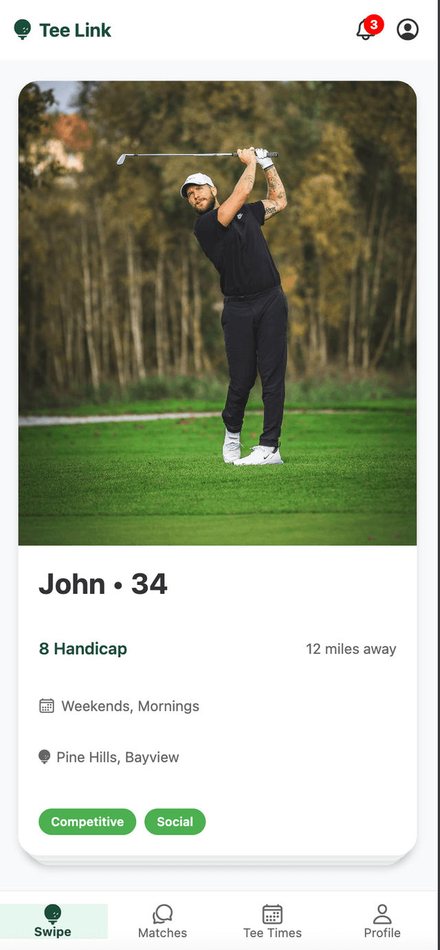 Tee Link App - Swipe and Match Interface